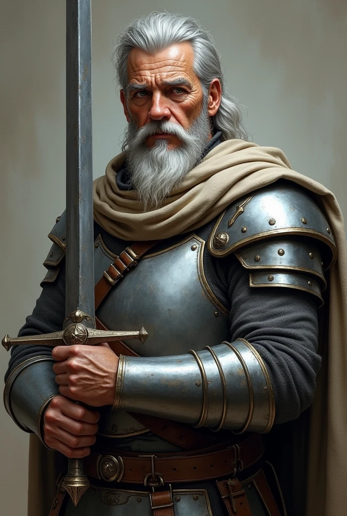Male, adult, grey hair, wielding sword, wearing armor grey cloth, portrait, paladin