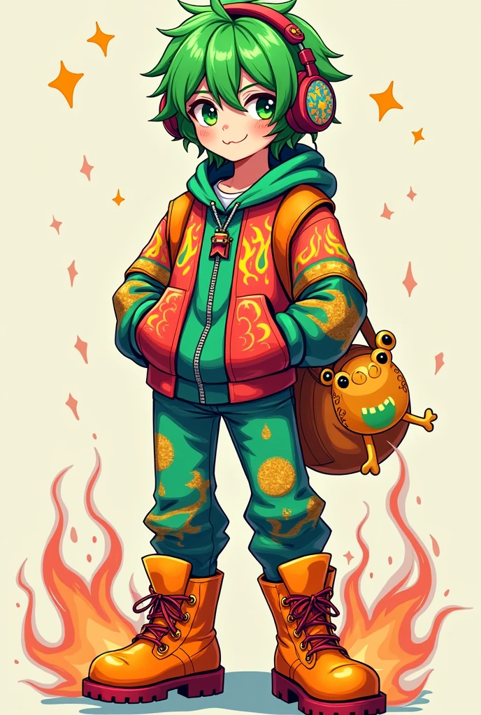 male character, with green hair, green eyes, headphones with stars, a kawaii frog bag , fire pattern shirt, fire pattern pants, orange and red boots. 