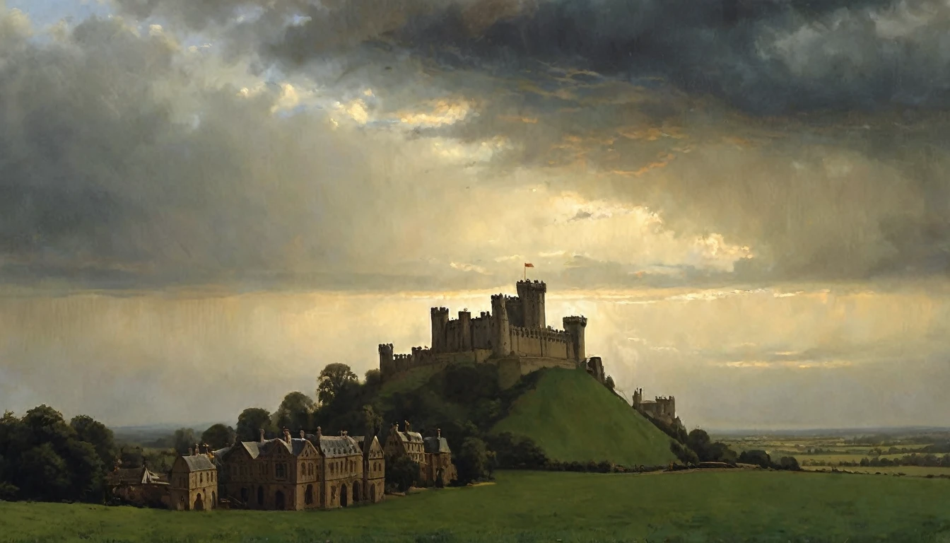 An artistic image combining a European medieval landscape with castles and vast fields under a dark, stormy sky, symbolizing impending political and military turmoil. The scene is rendered in the style of Edmund Blair Leighton, with detailed, dramatic contrasts between the looming clouds and the rich, historical architecture of the castle. The fields are vast, with hints of battle preparations, and the overall atmosphere is tense, capturing the anticipation of conflict through Leighton’s signature attention to detail and emotional depth., Surrealism, Hyperrealism, UHD, retina, masterpiece, accurate, anatomically correct, textured skin, super detail, high quality, award winning, 16k