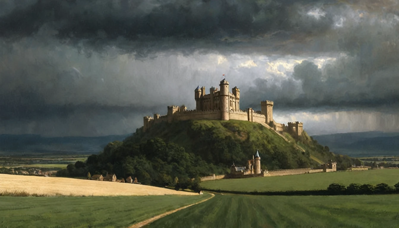 An artistic image combining a European medieval landscape with castles and vast fields under a dark, stormy sky, symbolizing impending political and military turmoil. The scene is rendered in the style of Edmund Blair Leighton, with detailed, dramatic contrasts between the looming clouds and the rich, historical architecture of the castle. The fields are vast, with hints of battle preparations, and the overall atmosphere is tense, capturing the anticipation of conflict through Leighton’s signature attention to detail and emotional depth., Surrealism, Hyperrealism, UHD, retina, masterpiece, accurate, anatomically correct, textured skin, super detail, high quality, award winning, 16k