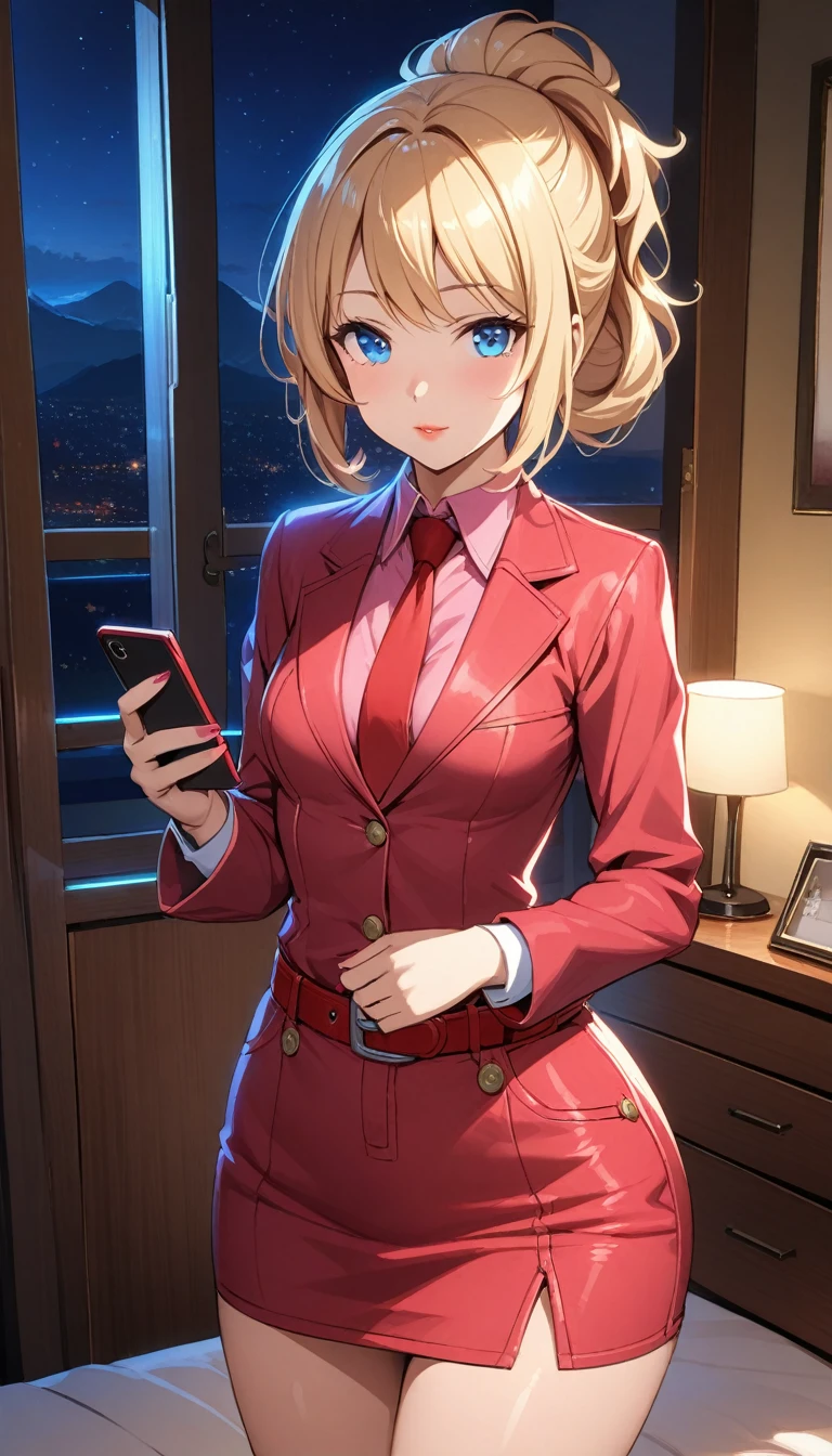 Beautiful 47y old woman with short frizzy blonde hair, layered hair, tied up hair, with ((blue eyes)), wearing ((Tight Low-Rise Dark Red Denim Skirt)), ((Sexy Mid Sleeves Bright Pink Shirt)), ((Leather Red Belt)), ((Red Tie), ((Red Blazer)), ((Blazer)), standing in her bedroom at night, holding her cellphone, (caucasian skin), (light brown lipstick), (elegant mascara), (slim body), (small breasts), (wide hips), endjourney, <lora:GoodHands-, <lora:GoodLegs-, UHD, high resolution, (masterpiece:1.9, best quality), (expressive eyes, perfect face, full body, expressive face, perfect body, perfect pussy, athletic, fit, slim body, blushing, Perfect makeup, eyeliner, beautiful eyelashes, smiling, horny face), ((best illumination, best shadows)), ((sexy pose)), score_9_up, score_8_up, score_7_up