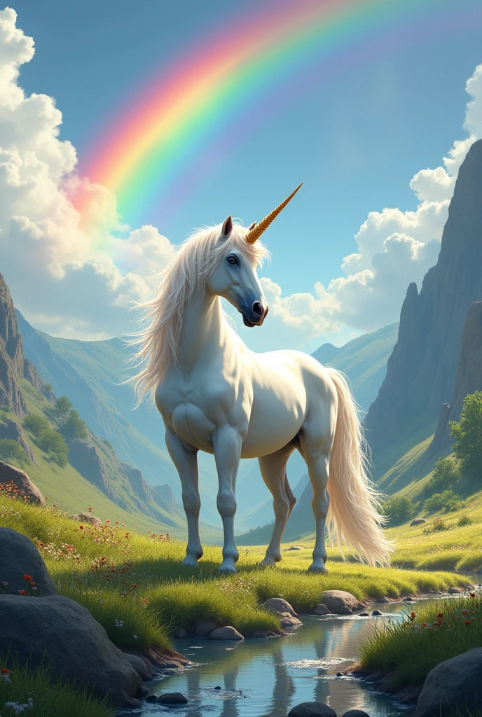 Image of a unicorn in a landscape , that the unicorn is in the center of the image, It's daytime and there's a rainbow