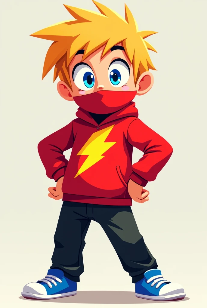 drawing style: Keep your style simple and colorful, como os de cartoons.
body hair: blond, with a simple and slightly messy format.
eyeballs: Big and blue, expressive, perhaps with a slight glow to bring the character to life.
muka: Part of the face covered by a red mask, which is actually the collar of the sweatshirt raised.
badass clothing: Red sweatshirt with a large yellow lightning bolt in the center of the chest. The sleeve is long, covering almost the entire length of the arms.
pants: black, with a straight and simple cut.
shoes: Blue sneakers with white accents, as in the picture. without mask