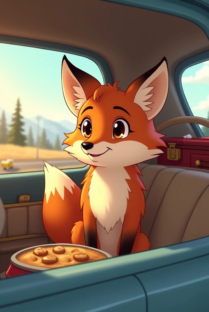 Male young fox as a cartoon character with brown eyes sits in the back of the car and the fox parents go on vacation, Car seen from the side