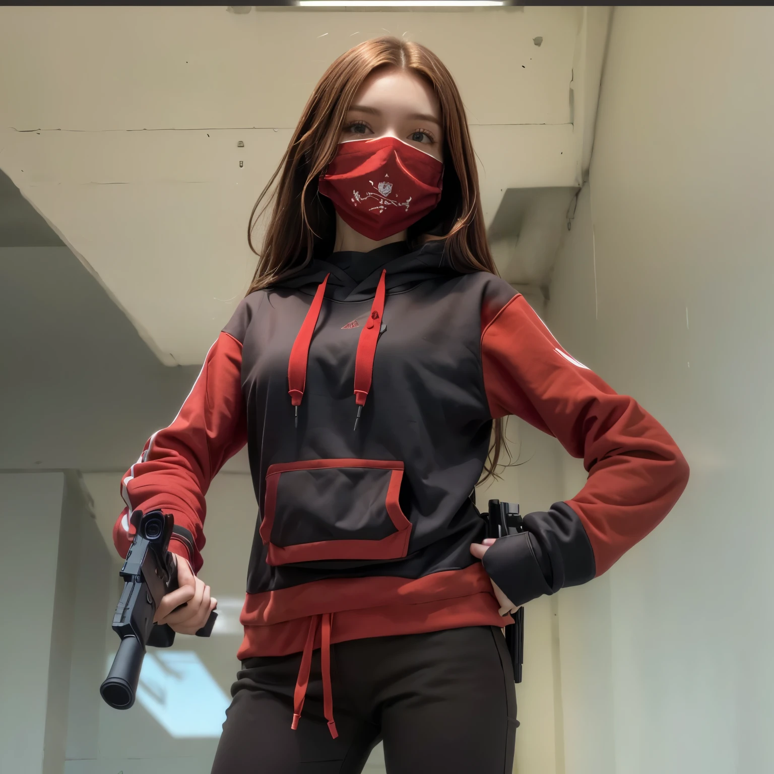 cute girl, red mask, red sweatshirt, pistol in hand, European, white skin, brown hair.
