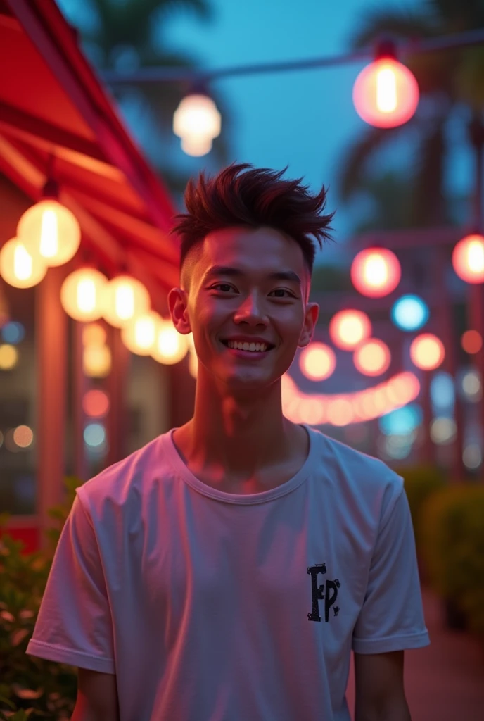 Model man Indonesia cool and cheese face and under cut hair and face smile happuly in Jakarta beautiful lamp neon aesthetic and fashion t-shirt tree second