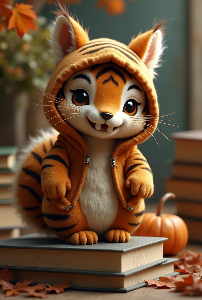 Brown hooded squirrel doll with tiger design with two protruding teeth