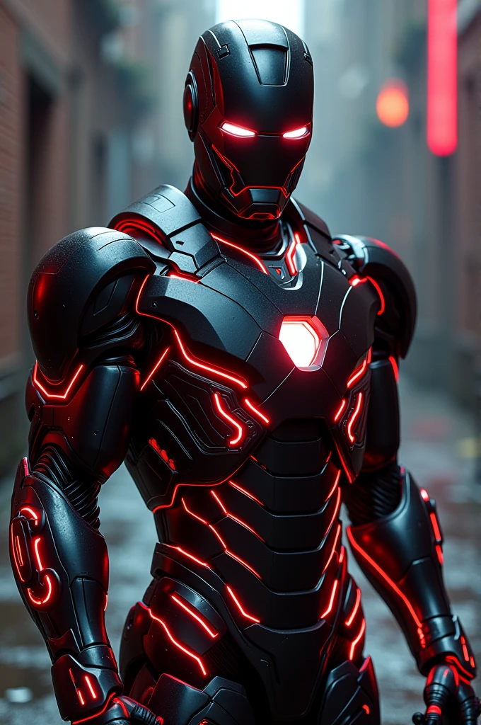 Here’s a detailed point-wise description of the image:
1. **Armor Design**: The figure is wearing a futuristic, high-tech suit of armor that closely resembles a modernized version of Iron Man's suit. The armor is sleek with a smooth, polished finish and features intricate paneling and patterns throughout the body.
2. **Color Scheme**: The primary color of the armor is a deep, glossy black, giving it a stealthy and ominous appearance. It is accented with neon red lines and highlights that run across the body, enhancing its modern and high-tech look. The red accents are glowing, adding a sense of energy and power.
3. **Helmet**: The helmet covers the entire head and has a streamlined design. The faceplate is smooth with a T-shaped visor. The eyes are glowing white, giving the figure an intense and focused expression. The helmet integrates seamlessly with the rest of the suit.
4. **Chest Area**: The chest piece is slightly raised with a central glowing arc reactor, which is a signature element of Iron Man's suit. The arc reactor emits a white light and is surrounded by more red glowing patterns.
5. **Arm and Shoulder Details**: The arms of the suit are muscular and defined, with additional glowing red accents along the biceps, forearms, and shoulders. The forearms have what appear to be energy conduits or weaponry, further enhancing the combat-ready appearance of the suit.
6. **Lighting Effects**: The red highlights and glowing elements are especially vivid against the dark background, creating a stark contrast. The lighting emphasizes the sleekness of the armor and gives the image a cyberpunk, futuristic vibe.
7. **Background**: The background is blurred but suggests an urban setting with a rough, industrial feel. There is a brick wall immediately behind the figure, with dim ambient lighting, which could indicate an alley or side street in a city at night. There is a subtle red glow reflecting off the wall, possibly from the suit's glowing elements.
8. **Pose*