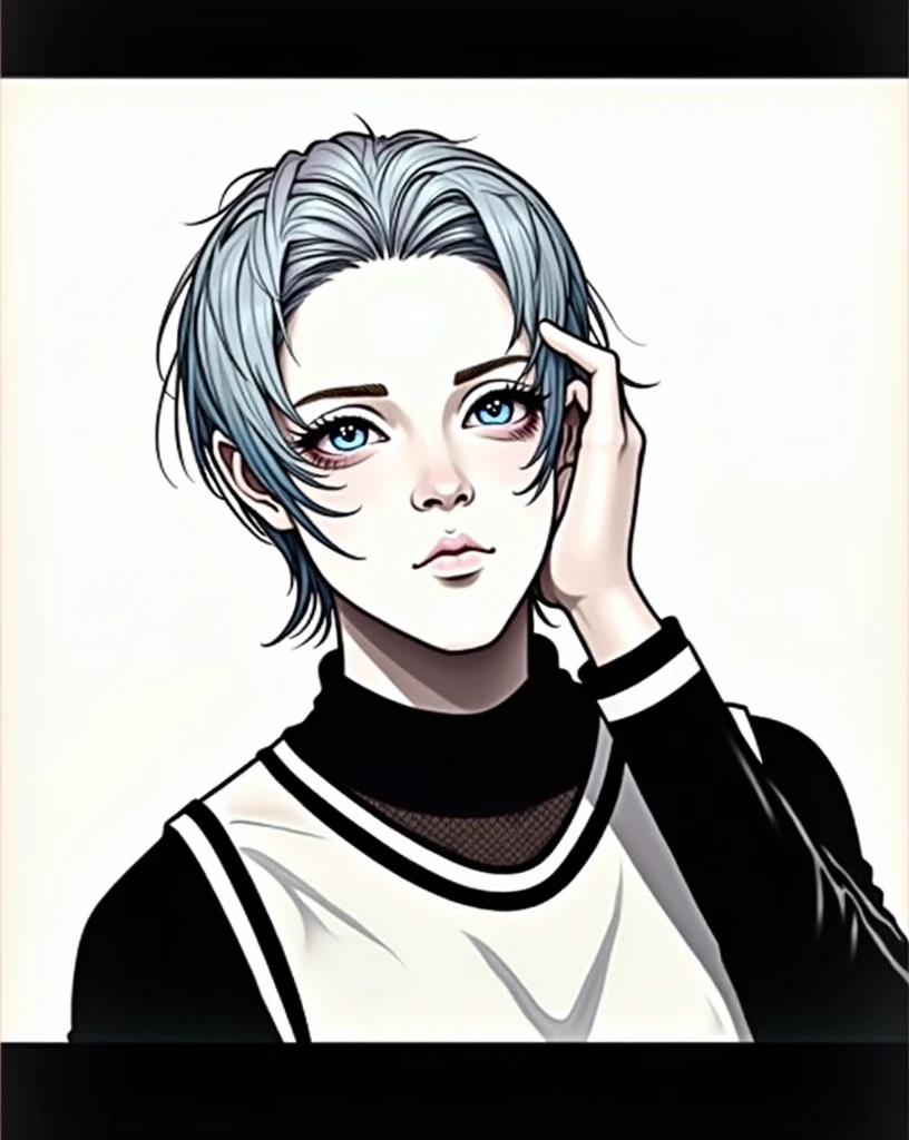 hair covering both eyes, half cyan hair, half white