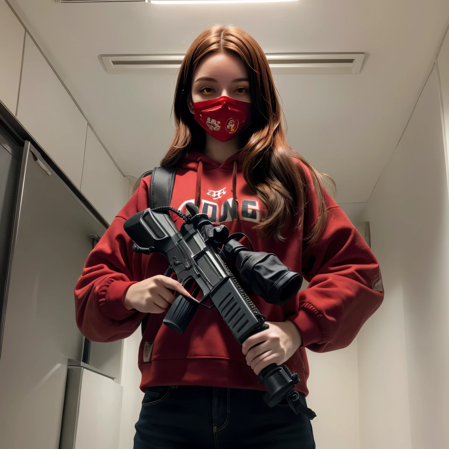 cute girl, red mask, red sweatshirt, pistol in hand, European, white skin, brown hair.