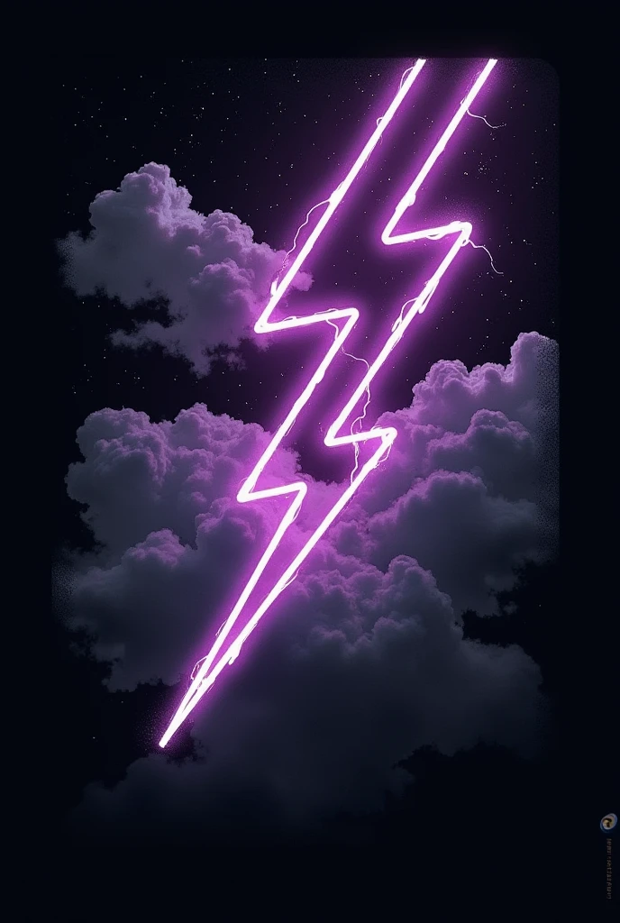 T-shirt with black background image print with gray clouds and 3 thick dark purple lightning bolts in comic book comic art style