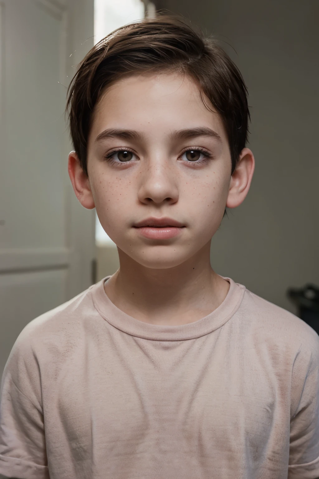 A  boy with barely noticeable freckles, thin lips, and slanted eyes, but not very dark in color.,with straight dark hair with pink cheeks and big ears 