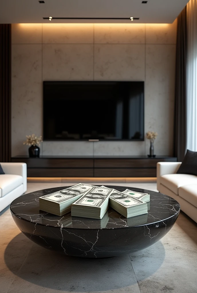 "A luxurious modern living room with a huge space. The room features elegant black and white sofas arranged in style. The lighting is indirect, which creates a soft and sophisticated atmosphere. A beautiful large flat screen TV is mounted on the wall, blending perfectly with modern decor. The apartment is impressive, Possibly marble or polished wood, which adds opulence to the room. On an elegant coffee table in the center, There are five stacks of US dollar bills, carefully placed, that add a touch of extravagance to the scene.", "Size": "1080 x 1920" 