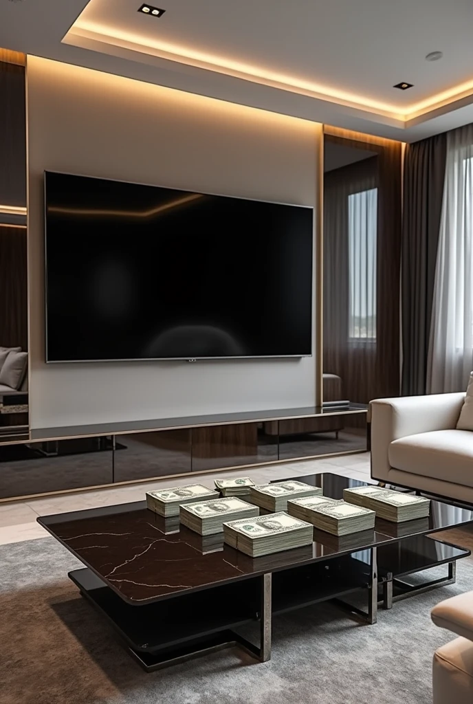 "A luxurious modern living room with a huge space. The room features elegant black and white sofas arranged in style. The lighting is indirect, which creates a soft and sophisticated atmosphere. A beautiful large flat screen TV is mounted on the wall, blending perfectly with modern decor. The apartment is impressive, Possibly marble or polished wood, which adds opulence to the room. On an elegant coffee table in the center, There are five stacks of US dollar bills, carefully placed, that add a touch of extravagance to the scene.", "Size": "1080 x 1920"