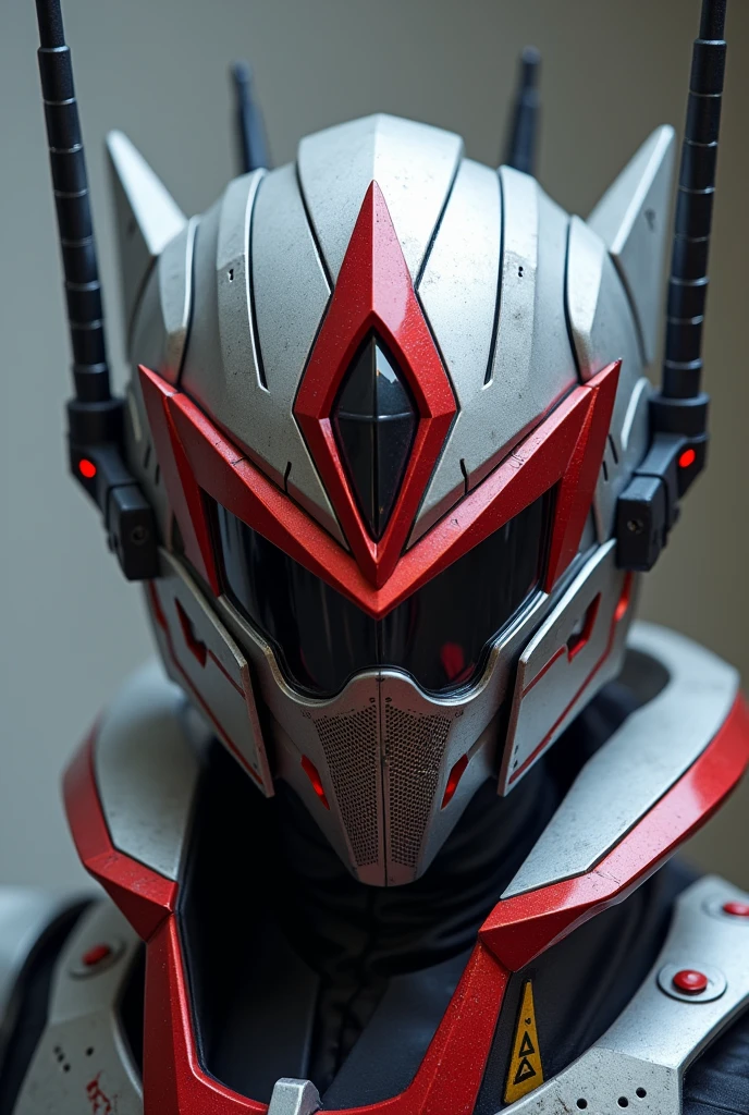 Generate an innovative helmet design for a suit "heroi" that uses the suit's turbocharged electricity as its main "missiles" that his helmet has several antennas, and that his display is a "The eyes" glued to his helmet in the shape of a triangle that is pointed up to the height of his head, that it has a steel part in the mouth covered with some holes, you decide its colors