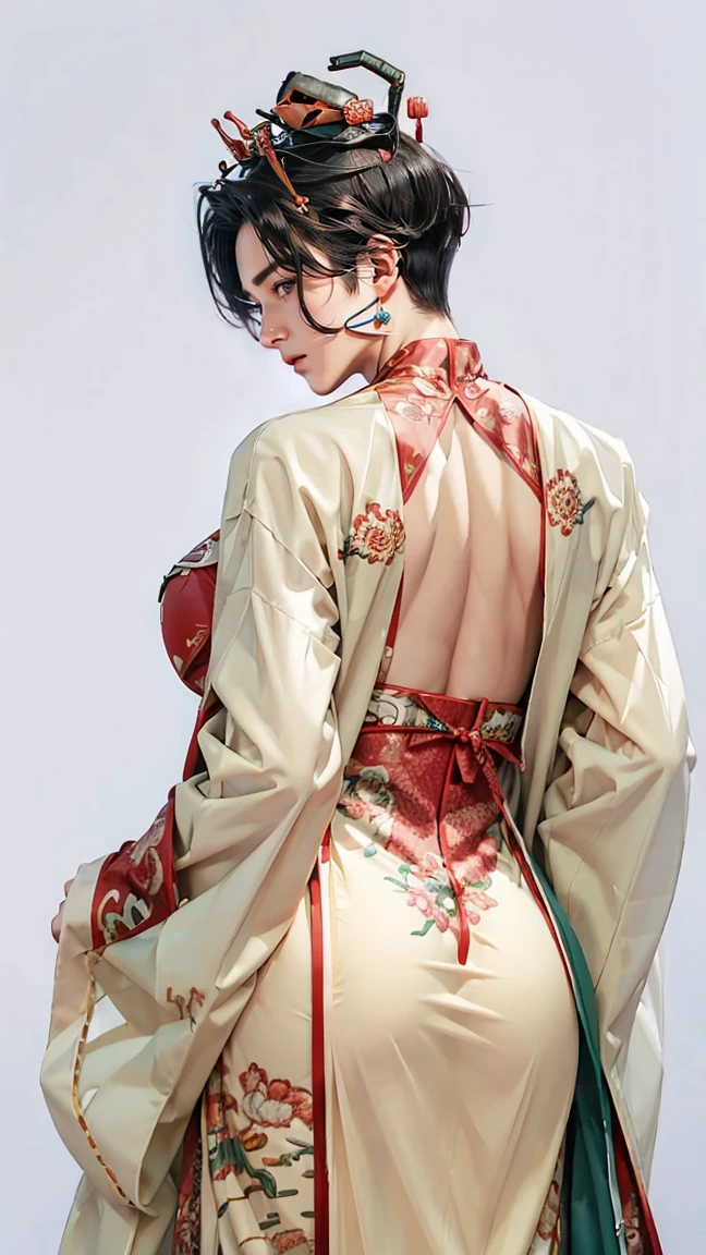 a male, big butt, big breast, wearing a crown, filler-lips , short black male style hair, wear a sexy Chinese clothes, show off his big butt, simple background
