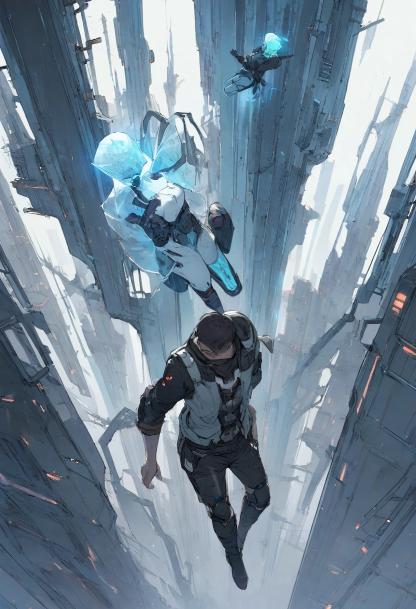 FUTURISTIC, CYBERPUNK, GRAVITY, TATTOED MAN, WITH ARMOR THAT CONTROL GRAVITY, YOUNG IN ICE FIELDS