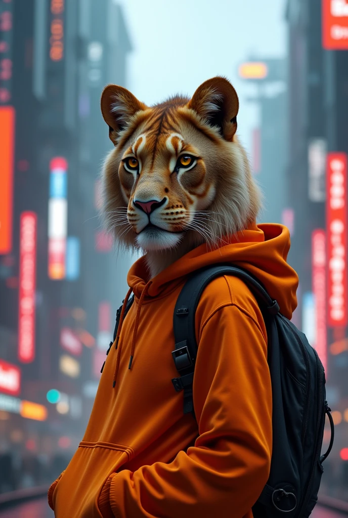 a cartoon female lioness,orange hoodie,cyberpunk background,highly detailed,8k,photorealistic,intricate details,dramatic lighting,neon colors,sci-fi elements,cinematic composition,masterpiece,ultra-detailed,sharp focus,physically-based rendering,vibrant colors,studio lighting