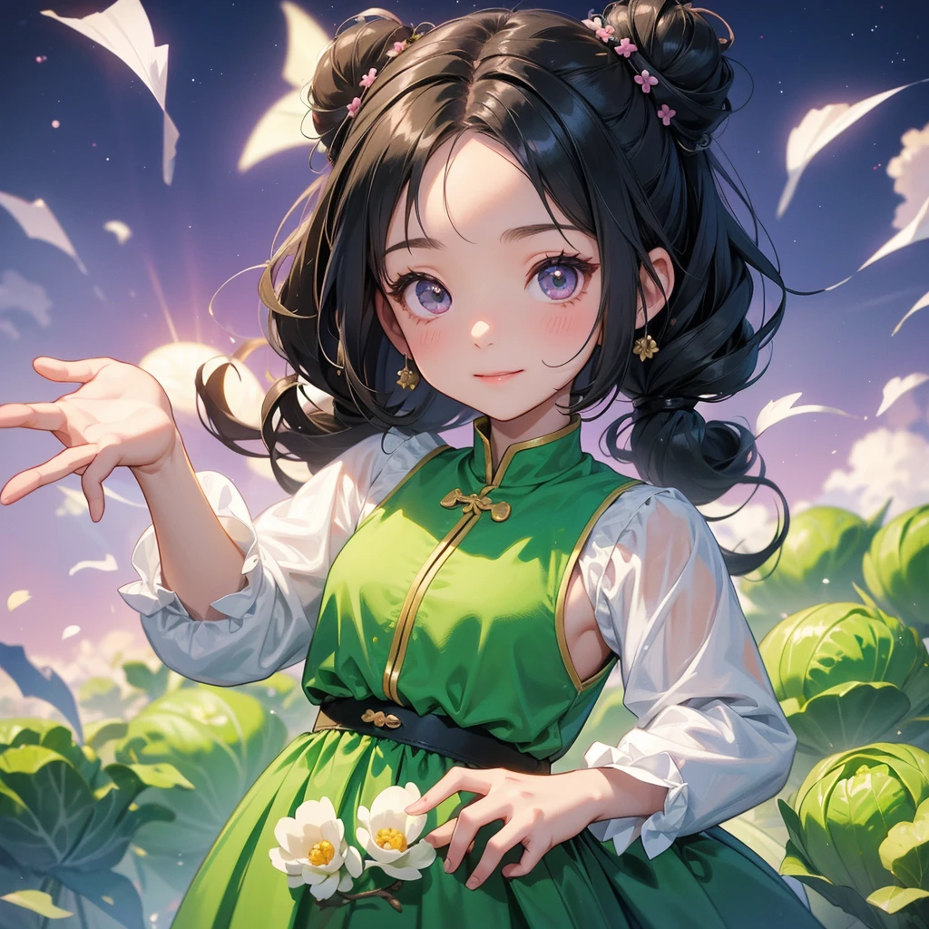 A chibi child girl had a small face and Wearing a little Taoist priest's outfit. A pair of big round eyes shone with curiosity about him. This child was so cute! her hair is black with two buns on her hair.small chibi, chibi baby, smiling ,Chibi.
The cabbage fields are full of Big, fresh, green cabbage There is a cabbage cut in half. Close up.