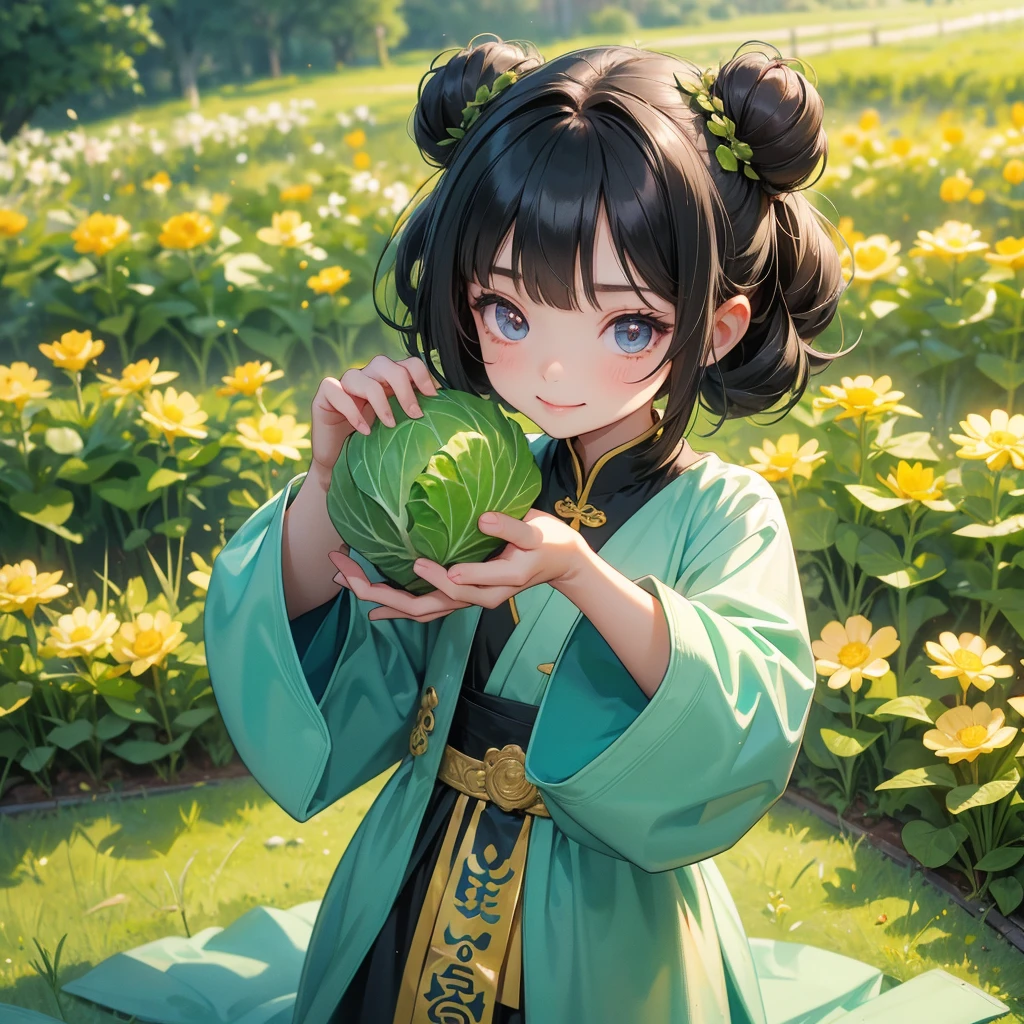A chibi child girl had a small face and Wearing a little Taoist priest's outfit. A pair of big round eyes shone with curiosity about him. This child was so cute! her hair is black with two buns on her hair.small chibi, chibi baby, smiling ,Chibi. 

The cabbage fields are full of Big, fresh, green cabbage There is a cabbage cut in half. Close up.