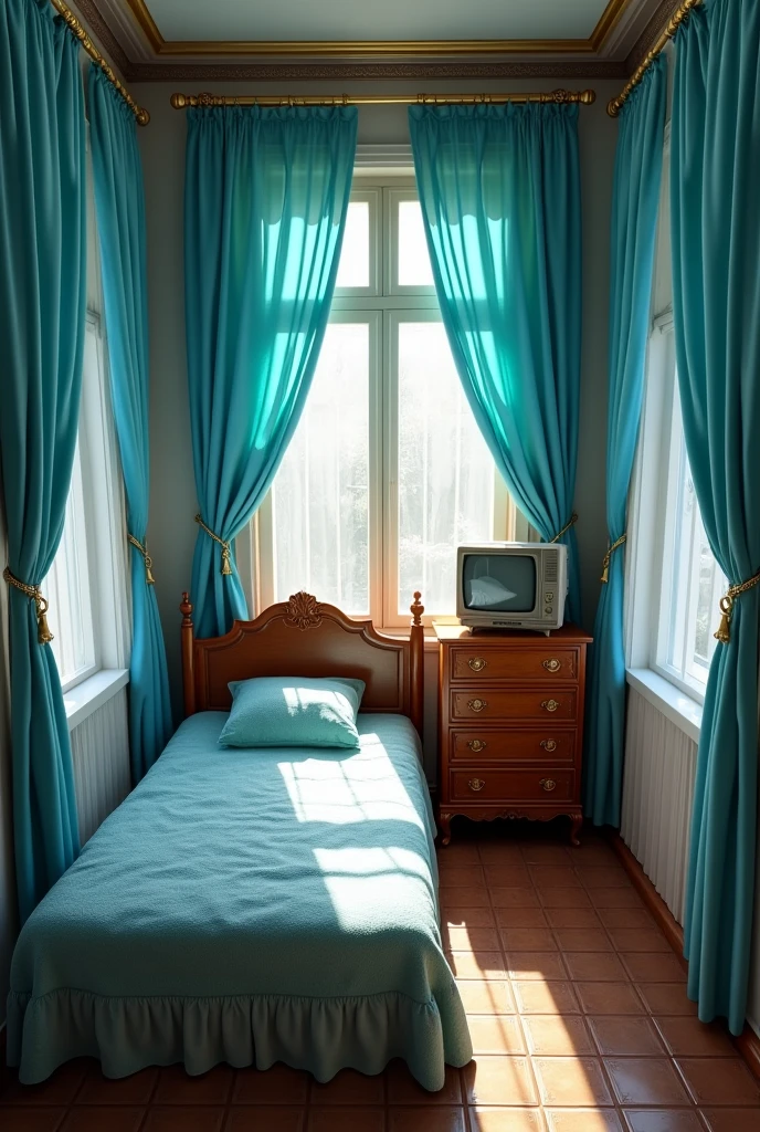 Por favor, draw a room, realisitic. 3 meters by 3 meters.
On each wall exactly 3 sky blue curtains of the same size, perfectly organized, closed so that it is not possible to see the wall behind them.
In a corner of the room a simple bed, with antique wooden headboard. Leaning the headboard against one wall and the left side of the bed against another wall In front of the bed, on the front wall, horizontally in the middle, a rack with 6 drawers and an old television.
Old tiled floor, brownish Do not add any details other than those described. Be precise with the quantities I wrote 3 curtains on each wall. windowless. Exactly 3 curtains on each wall