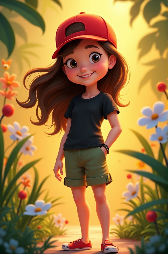 brown hair disney, white skin color,  Red cap, black t-shirt, bermuda Gens.
