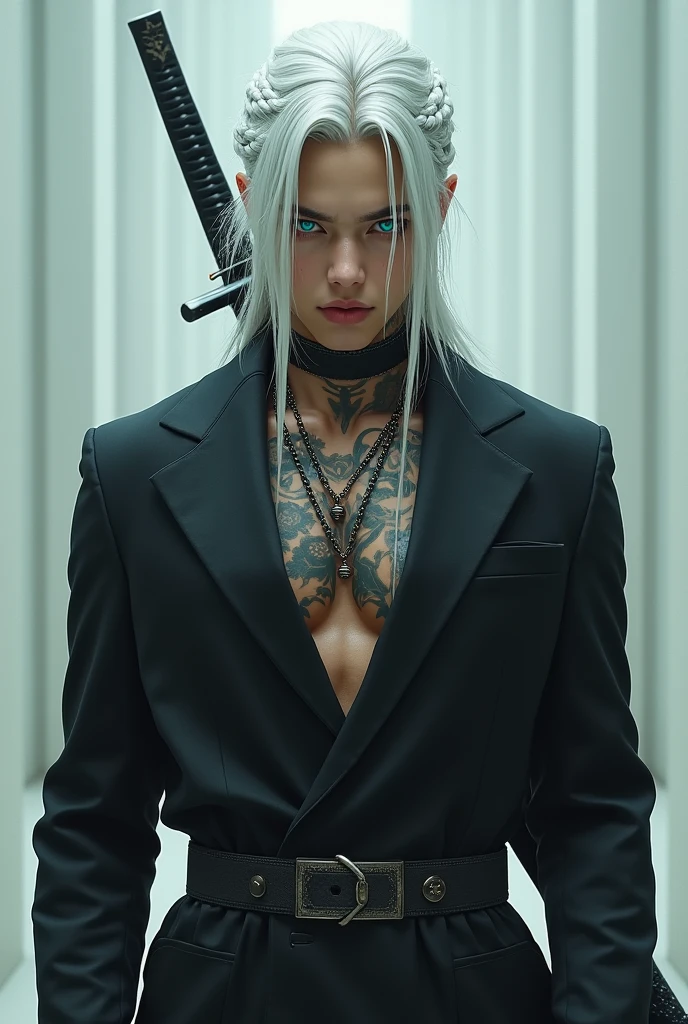 A very realistic image of BTS&#39; Jimin with long platinum white hair in a single braid, he wears a black suit and has tattoos he is muscular. His eyes are turquoise blue and he holds a Japanese sword 
