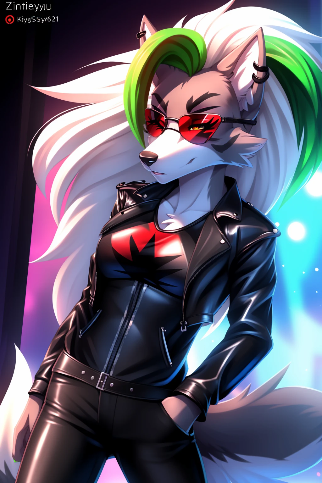 By zinfyuu on pixiv,by twistedscarlet60, uploaded on pixiv, by fluff-kevlar, (masterpiece), (best quality), (anthro furry:1.3, snout:1.2, anthro:1.3, furry:1.2, solo female:1.2), (extremely detailed:1.3), (Detailed eye part: White lens, yellow iris,black cornea), tall, slim body, grey fur, roxanne, roxanne wolf, (black leather jacket:1.5), black jacket, leather jacket, black leather pants, black pants, leather pants, (sunglasses:1.2), rectangular sunglasses, dark sunglasses, dark glasses, black sunglasses, serious face,