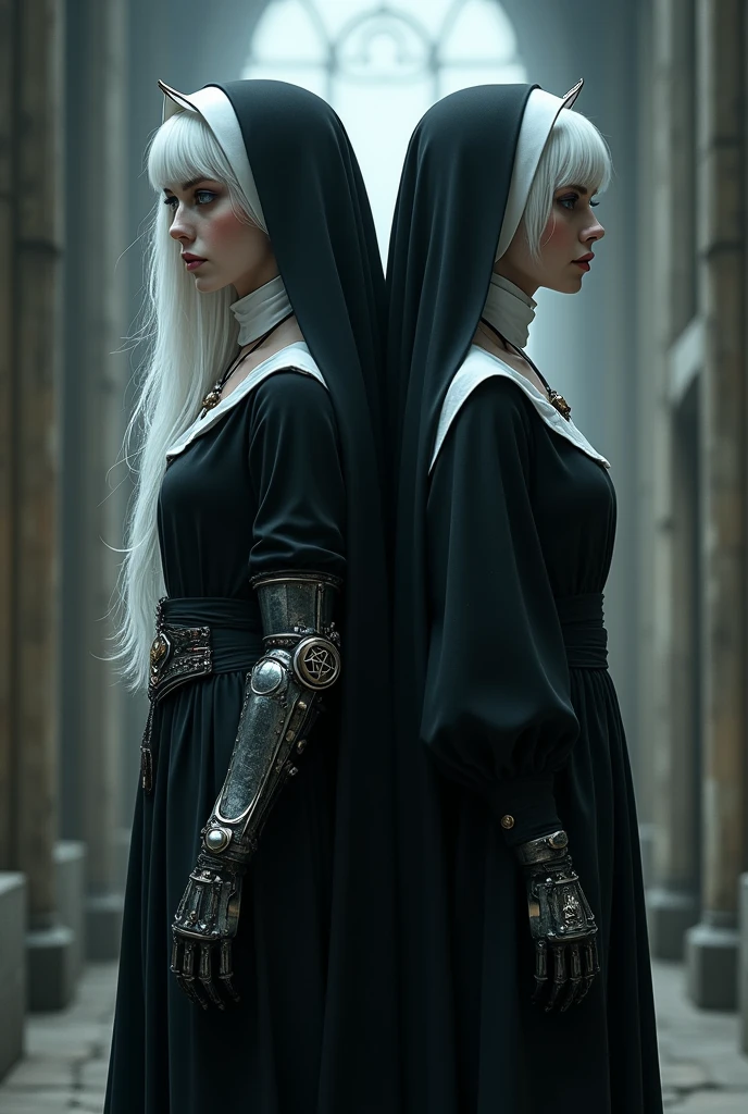 Middle Ages Albino,with dark clothes, White hair, violet eyes with a pentagram and a steampunk prosthesis on the left arm, with her back against the back of her twin sister dressed as a nun with a cross around her neck.