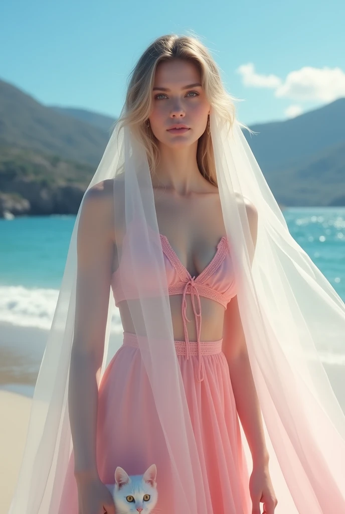 Beautiful woman wearing a veil covering her chest On the beach and mountains Pink clothes , White veil covers chest With white cat Blue sky
