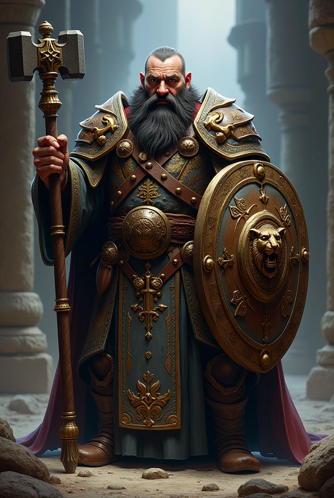 Medieval Dwarf Cleric with Lion Shield and War Hammer Dark Hair
