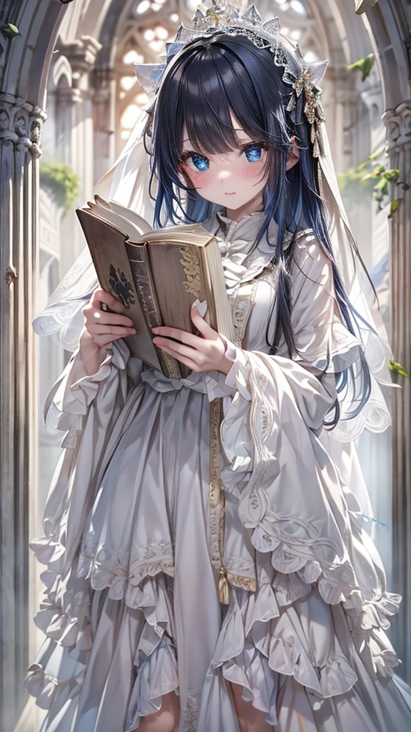 Very detailed、Many details、Accurate Fingers、Exact number of arms、high resolution、Ghost Girl、Standing with a thick book、White embroidered veil、White long sleeve frilly dress、There is a slit on the thigh、Large Breasts、Blue dark eyes、Big eyes、A captivating expression、barefoot、cute、Black Hair、A fragile face peering at me、beautiful、Abandoned Church、Western cemeteries