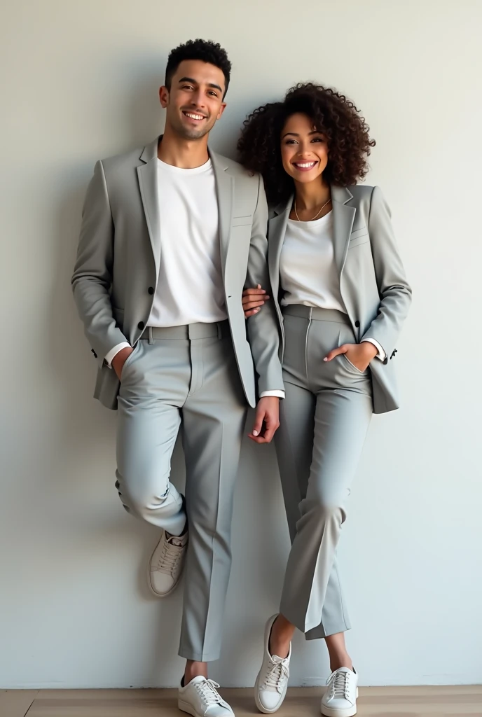 man of average height, athletic body, skin fair, short dark brown curly hair, smiling and wearing a light gray suit, leaning against a thin wall. On the other side of the wall a woman of average height, not very athletic body, skin fair, medium dark brown hair CURLY AND TIGHT, smiling and wearing a light gray men's suit, leaning. realistic styling