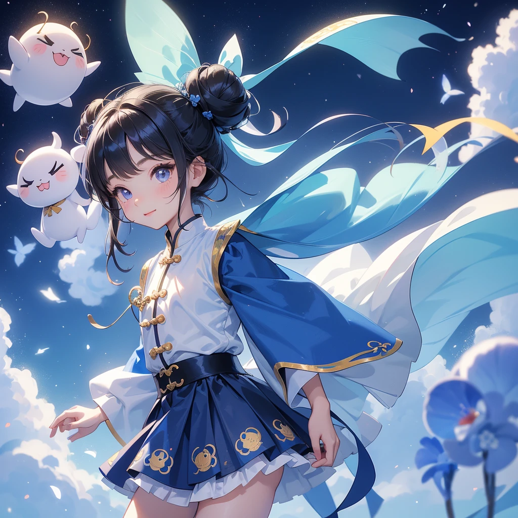 A chibi child girl had a small face and Wearing a little Taoist priest's outfit. A pair of big round eyes shone with curiosity about him. This child was so cute! Strolling among the nemophila fields Glowing blue, There are some floating clouds, her hair is black with two buns on her hair.small chibi, chibi baby, smiling ,Chibi.
