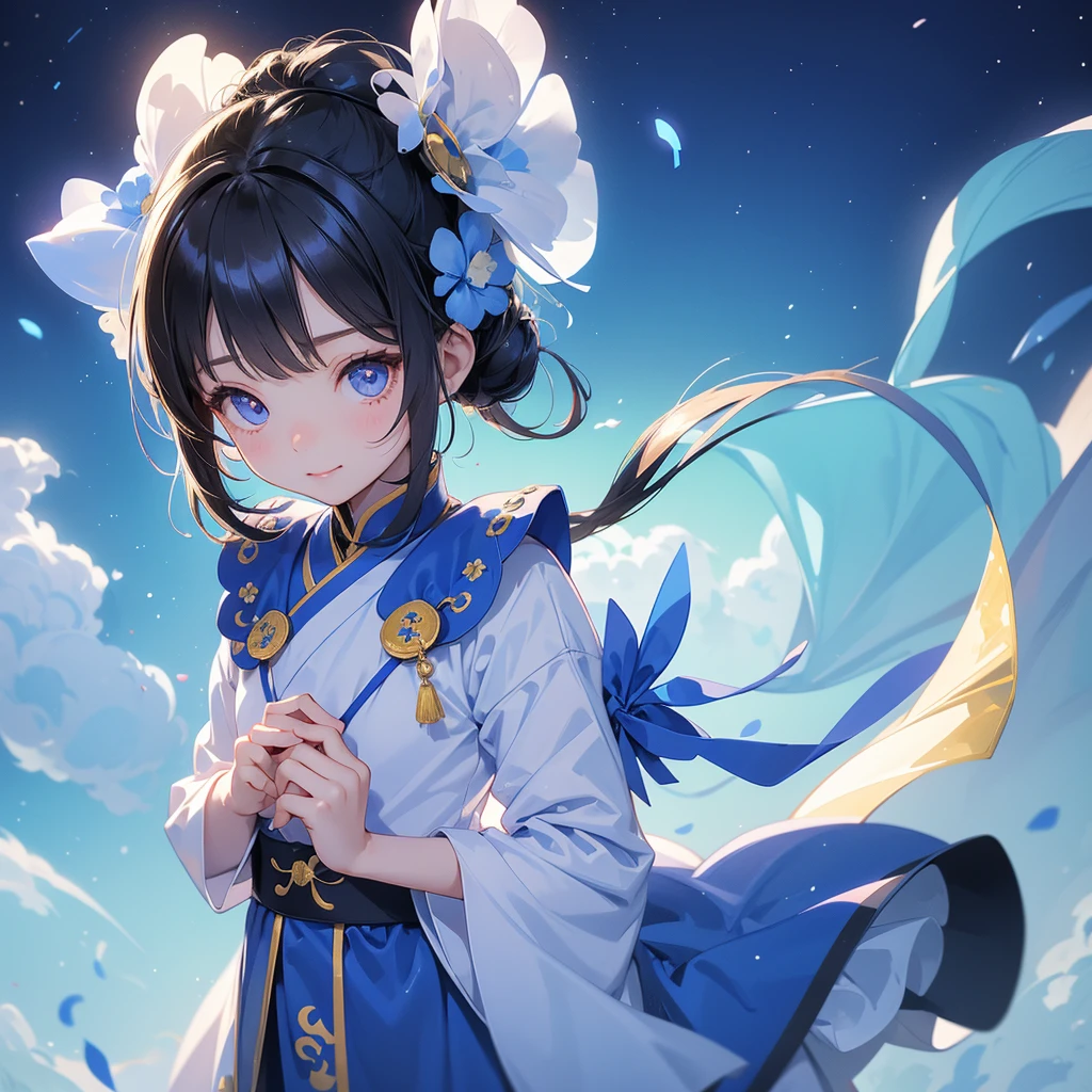 A chibi child girl had a small face and Wearing a little Taoist priest's outfit. A pair of big round eyes shone with curiosity about him. This child was so cute! Strolling among the nemophila fields Glowing blue, There are some floating clouds, her hair is black with two buns on her hair.small chibi, chibi baby, smiling ,Chibi.