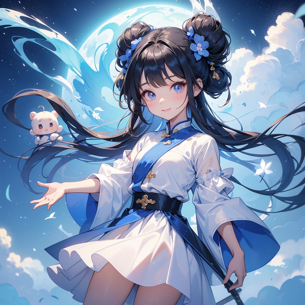 A chibi  girl had a small face and Wearing a little Taoist priest's outfit. A pair of big round eyes shone with curiosity about him. This childso cute! Strolling among the nemophila fields Glowing blue, There are some floating clouds, her hair is black with two buns on her hair.small chibi, chibi baby, smil,Chibi. 
