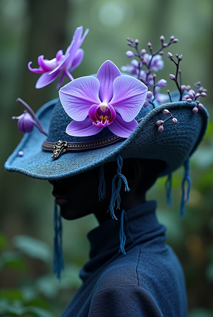Purple blue orchid flower using make a weaving hat. Flower should hang with vine edge of the hats. Use the orchid flower's shape to design a hat structure. Specially orchid flowers should hang