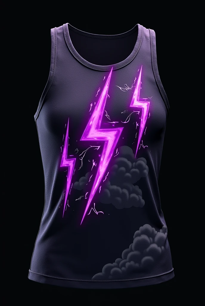 Tank top with black background image print with gray clouds and 3 thick dark purple lightning bolts in comic book comic art style