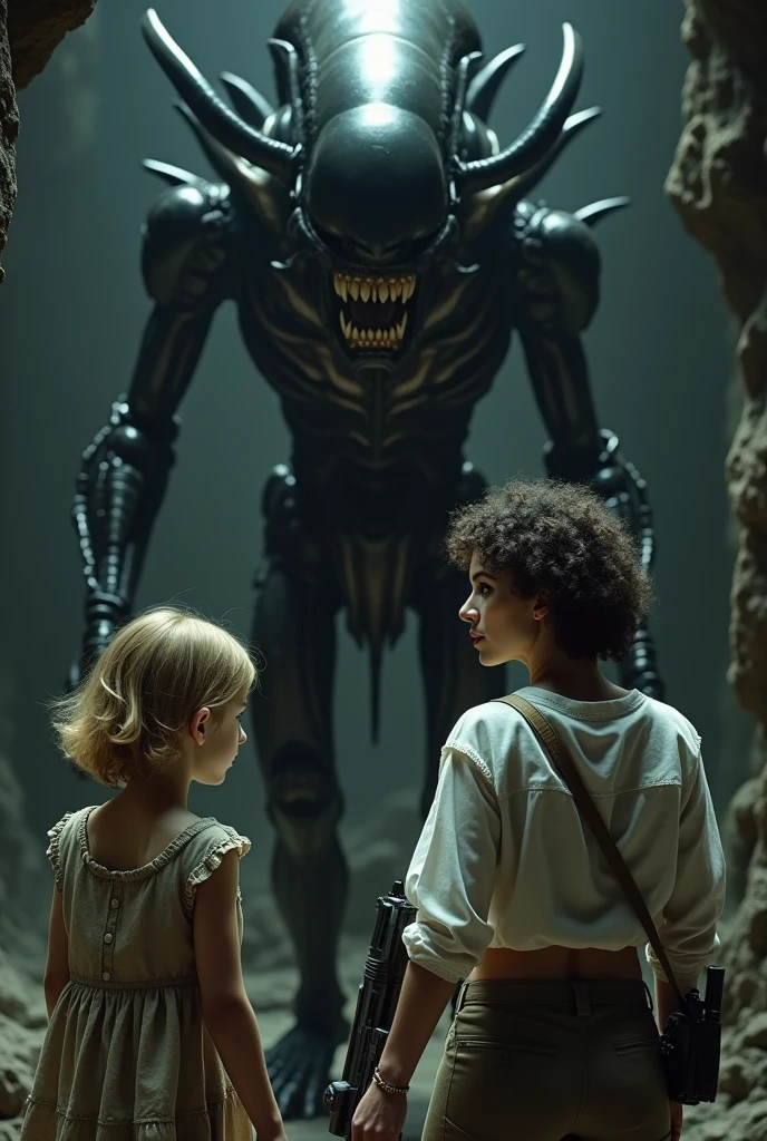 Generate a woman with short curly hair, in a white blouse, and she is with a  blonde girl in old clothes, the woman is holding a machine gun, and she is sweaty, and she is in a dark night cave, and behind him is a big skinny xenomorph alien, he is black and has sharp teeth