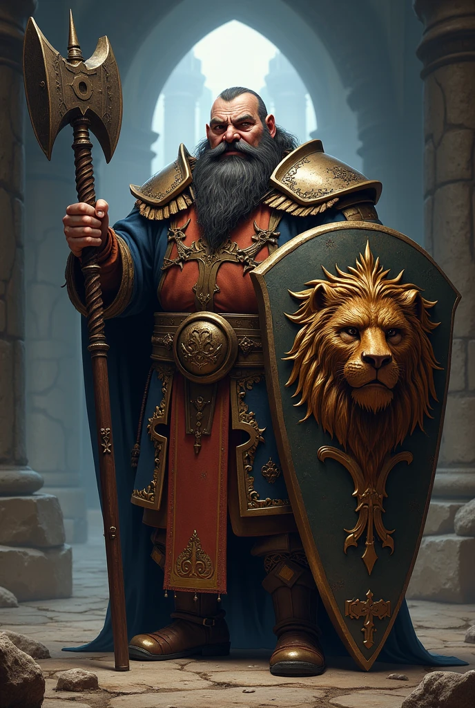 Medieval Dwarf Cleric with Lion Shield and War Hammer Dark Hair