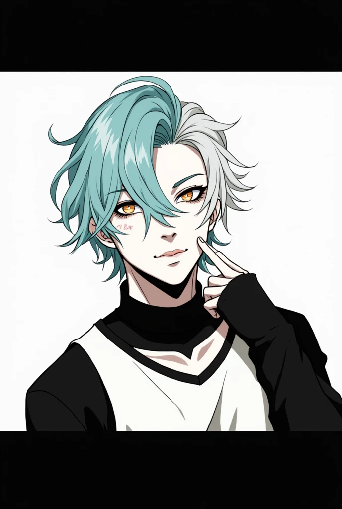 hair covering both eyes, half cyan hair, half white, naughty man, medium hair