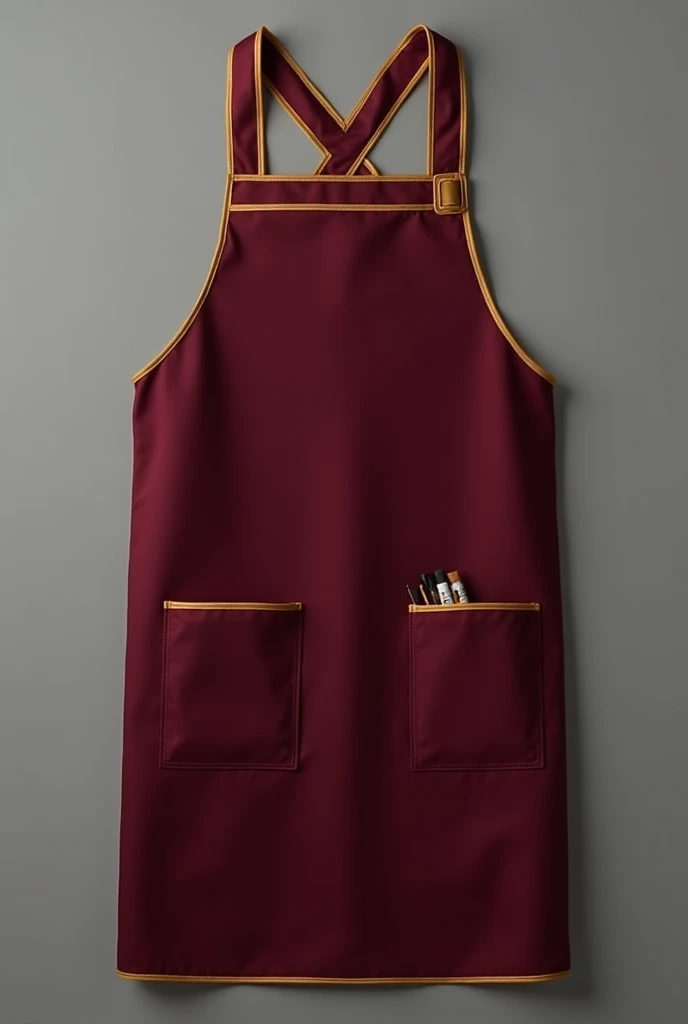 A maroon artist smock , adjustable neck strap,a golden lining round on ends, 2 pocket at lower part.