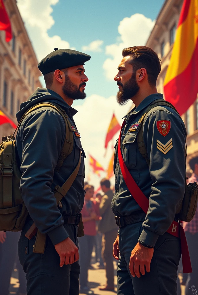 Basque terrorist with a beret fighting against an Islamist terrorist The Basque country becomes independent and the people are celebrating