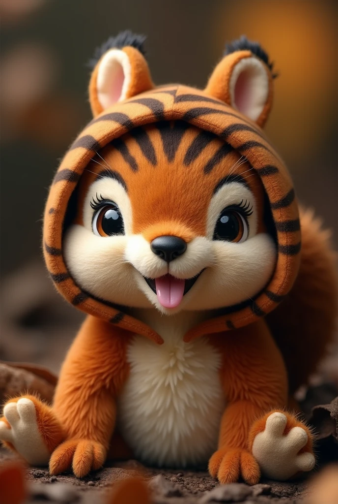 Brown squirrel doll with a brown hood with a tiger design with two teeth sticking out