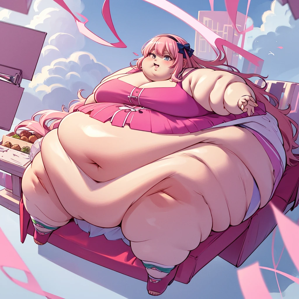 Extremely obese woman, wearing a loose pink dress, fat blob, far rolls, immobilized by her weight, very long wavy neon pink hair, a big belly, saggy belly, gluttony, hanging belly, sitting on a pink plastic chair 