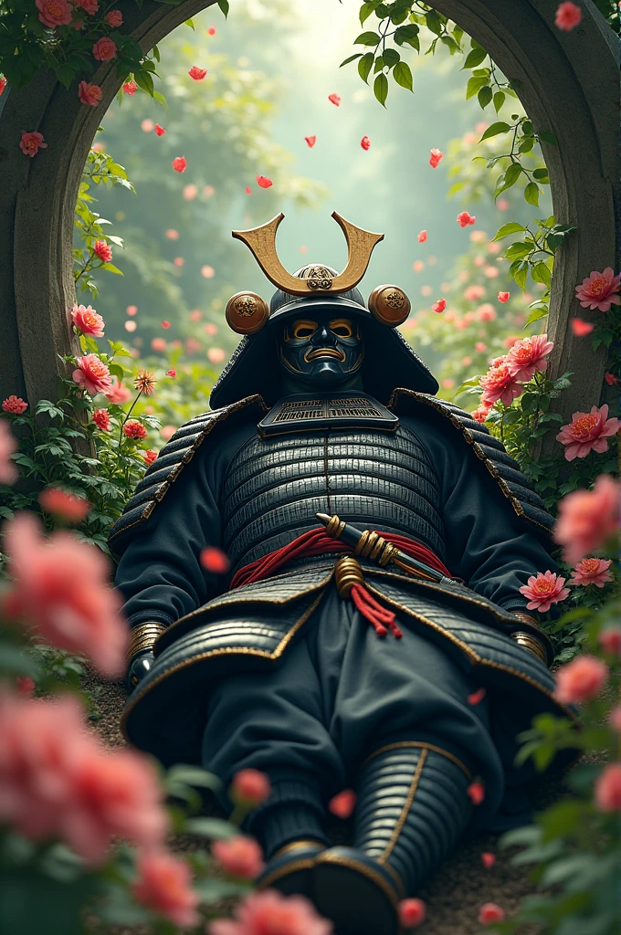 Samurai (with his mask)lying in a grove full of beautiful flowers 