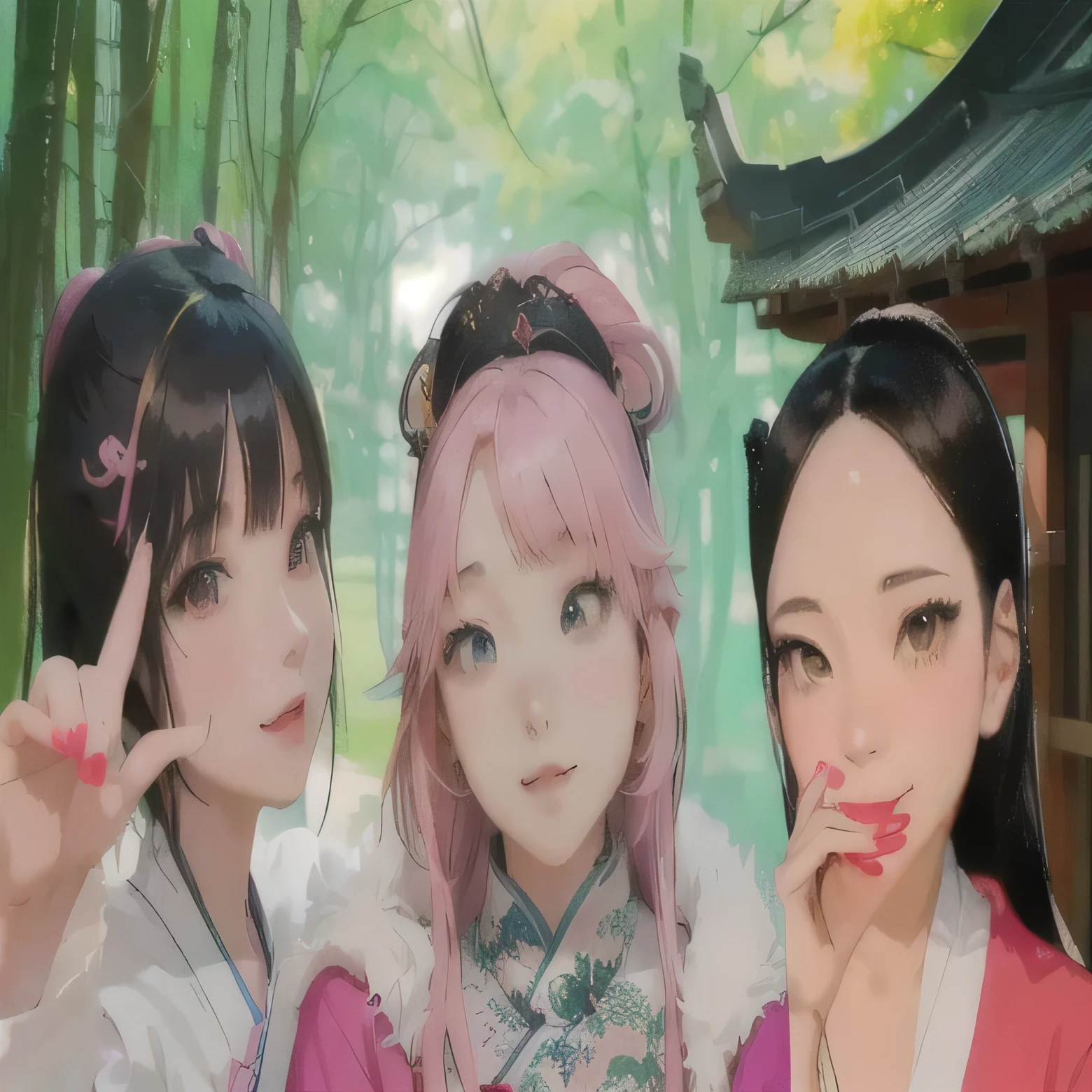 there are three girls with different colored hair posing for a picture, ruan cute vtuber, fairycore, anime girl in real life, anime style only, anime-style, profile pic, chinese fantasy, artwork in the style of guweiz, inspired by Chen Chi, anime realism style, lofi girl aesthetic, trending at cgstation, in japanese anime style