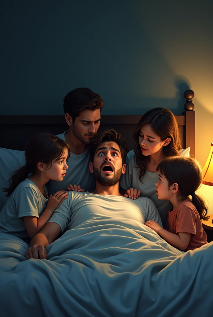 Man waking up from a nightmare scared, his children and wife calm him down 