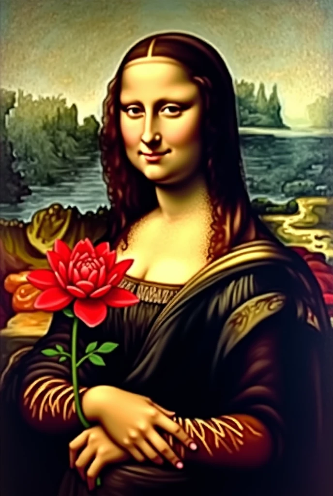 Monalisa holding a red color flower