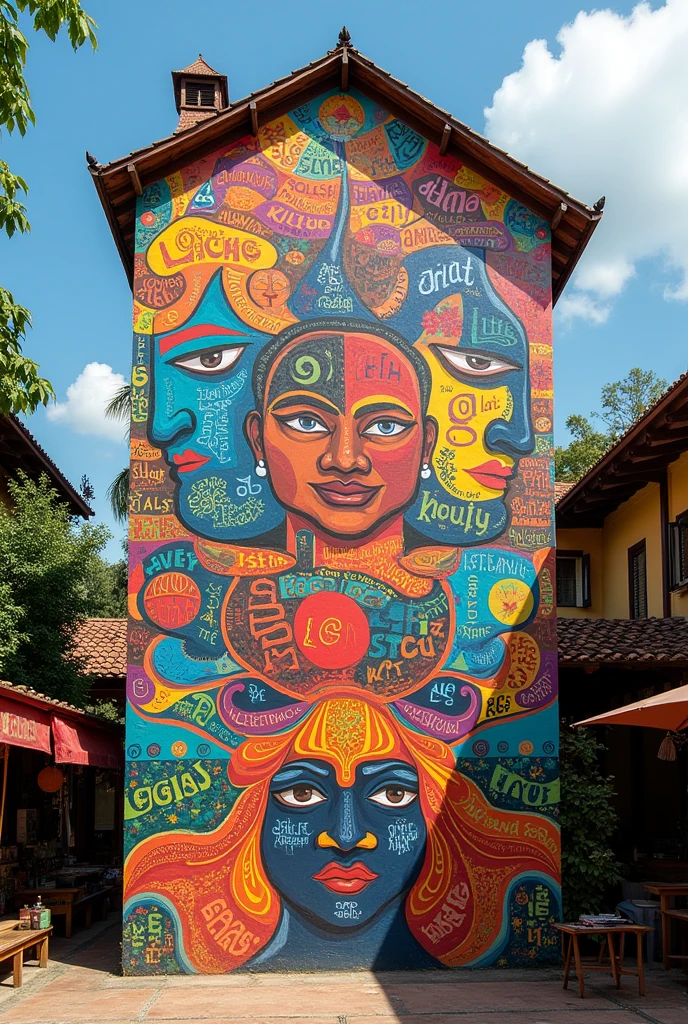 : A colorful mural in the village depicting the words and expressions of the variations of the language